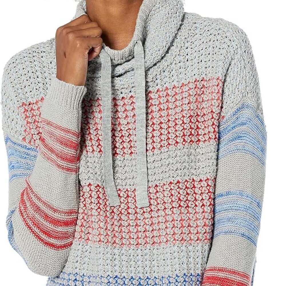 Tribal Cowl Neck Sweater Blue, Gray Drawstring Women’s Size Small Petite
